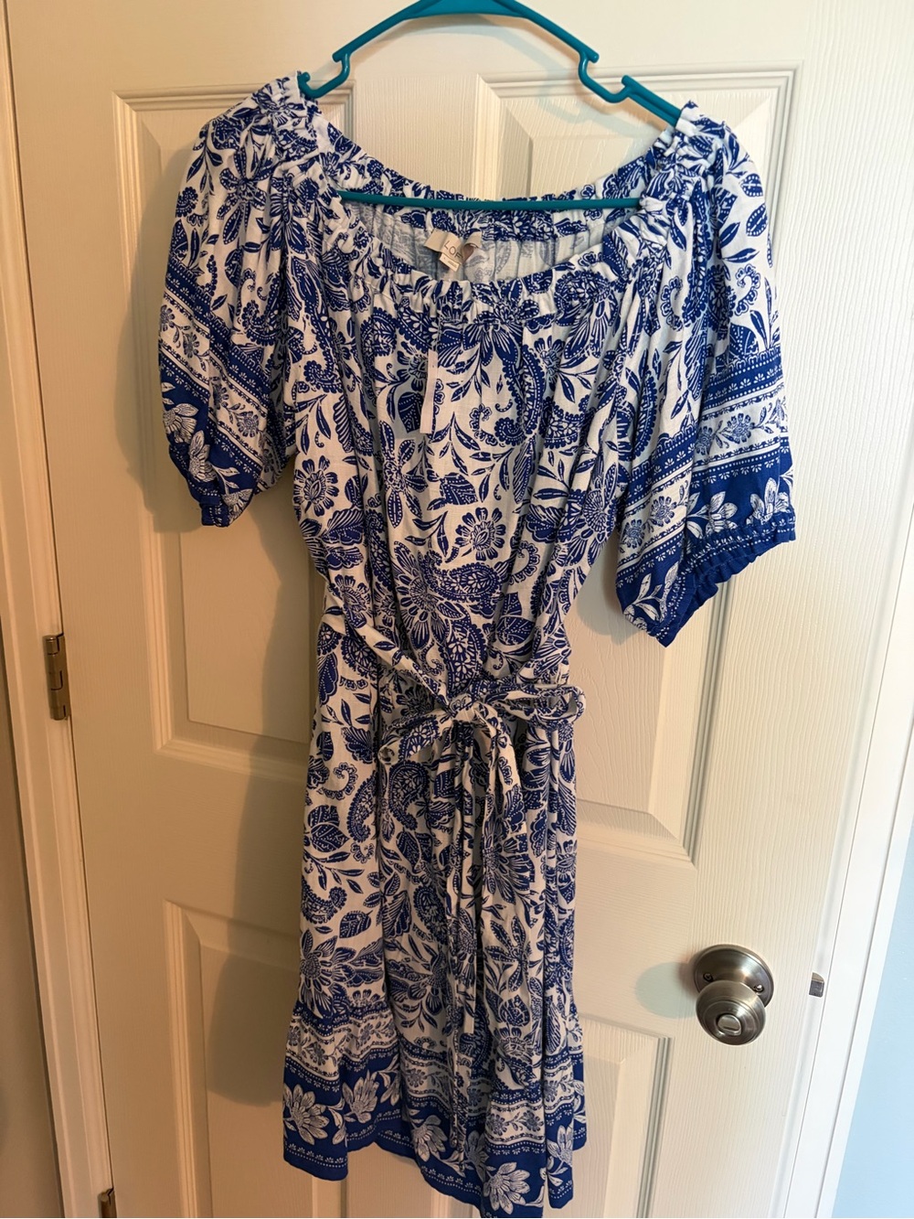 LOFT Blue and White Floral Tie-Waist Midi Dress